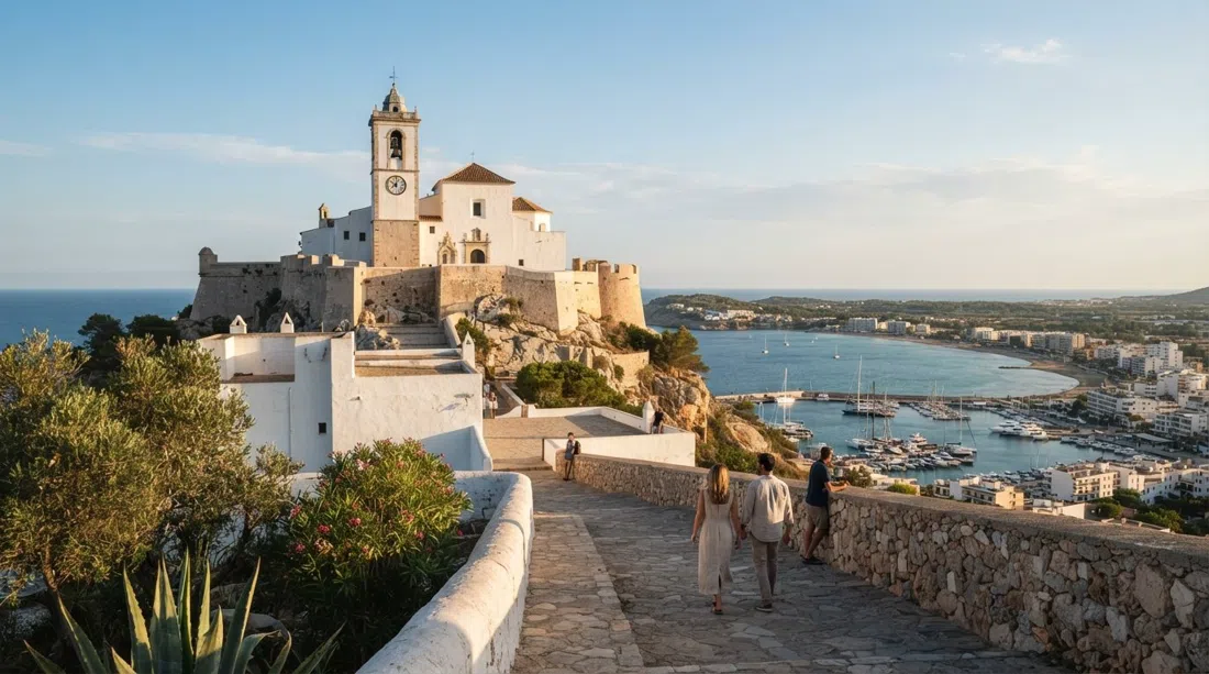 Puig de Missa on its 52-metre hill above Santa Eulària bay, white church walls and terraced viewpoint looking over the marina in late afternoon light