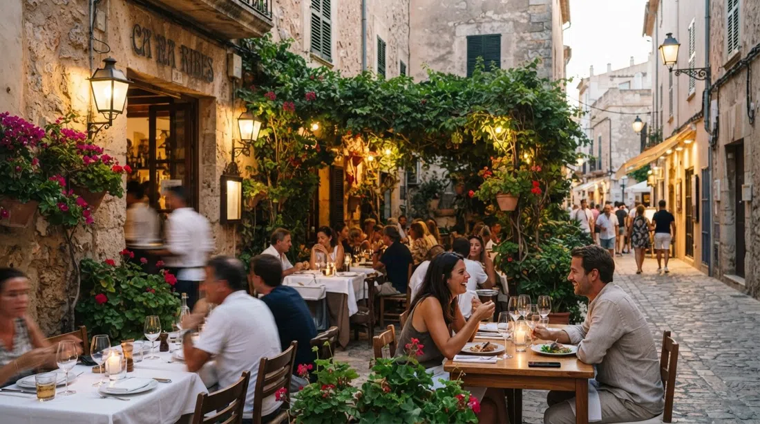 Ca Na Ribes on Carrer de Sant Vicent, terrace tables under soft evening light with a plant-lined patio and warm old-town stonework