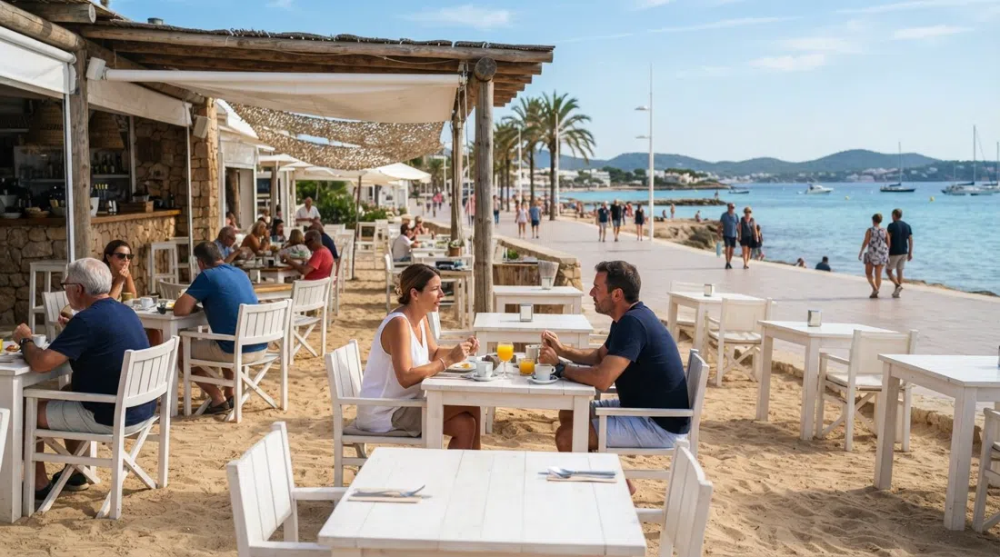 Chiringuito Blue on Santa Eulària beach, white tables on the sand with the calm promenade and blue water just beyond at breakfast time