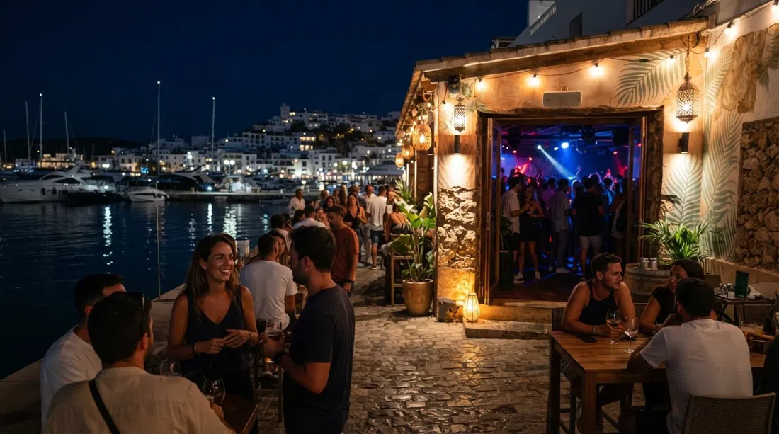 Guarana at Santa Eulària marina at night, terrace lights reflected on the water and the entrance hinting at the dance floor inside