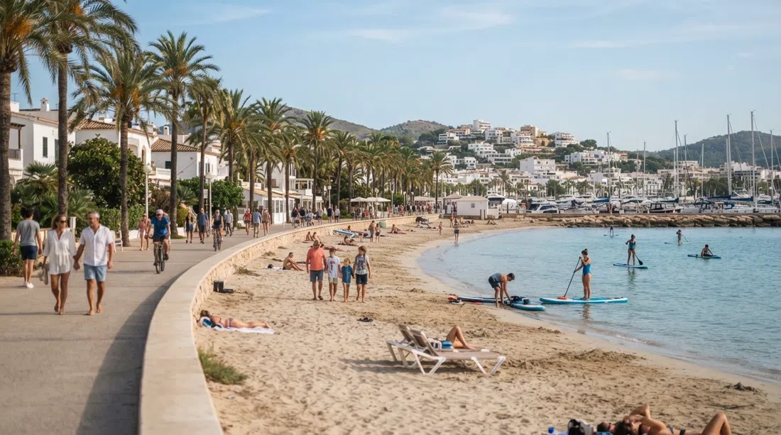 Santa Eulària beach beside the palm-lined promenade on a calm morning, gently shelving sand and paddleboards near the marina end