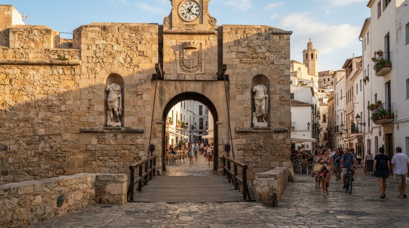 Das Portal de ses Taules, eine Zugbrückentordurchfahrt in Dalt Vila, flankiert von zwei kopflosen römischen Statuen und zur Plaça de Vila hin geöffnet, im späten Nachmittagslicht