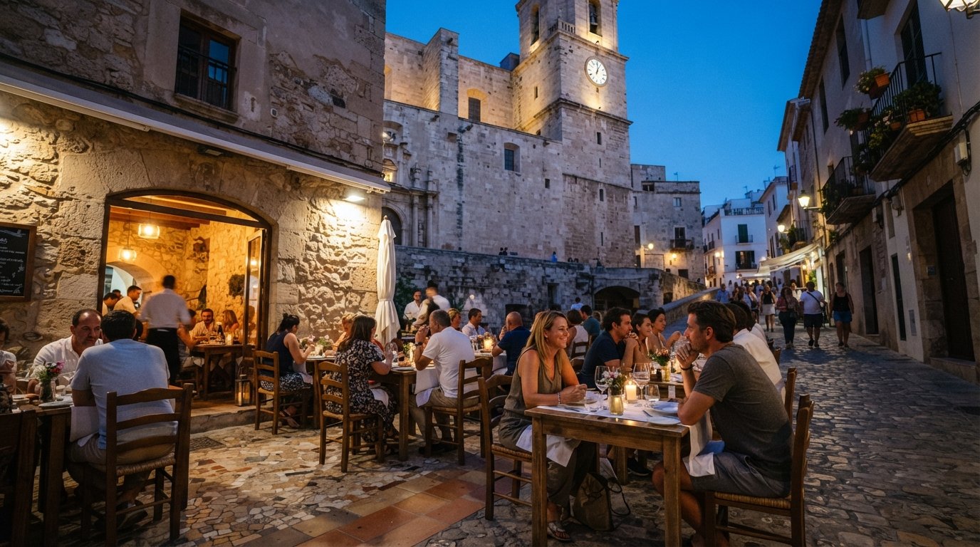 La Oliva an der Carrer de la Santa Creu, mit gefliestem Speisesaal und Terrasse unter der Kathedrale, gedeckt für das Abendessen in der Dämmerung