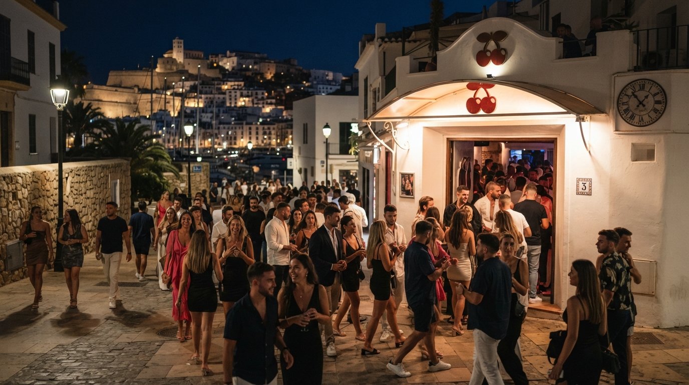 Pacha Ibiza am Hafen bei Nacht, der Eingang unter Straßenlaternen leuchtend, mit Nachtleben-Publikum, das für einen späten Auftritt ankommt