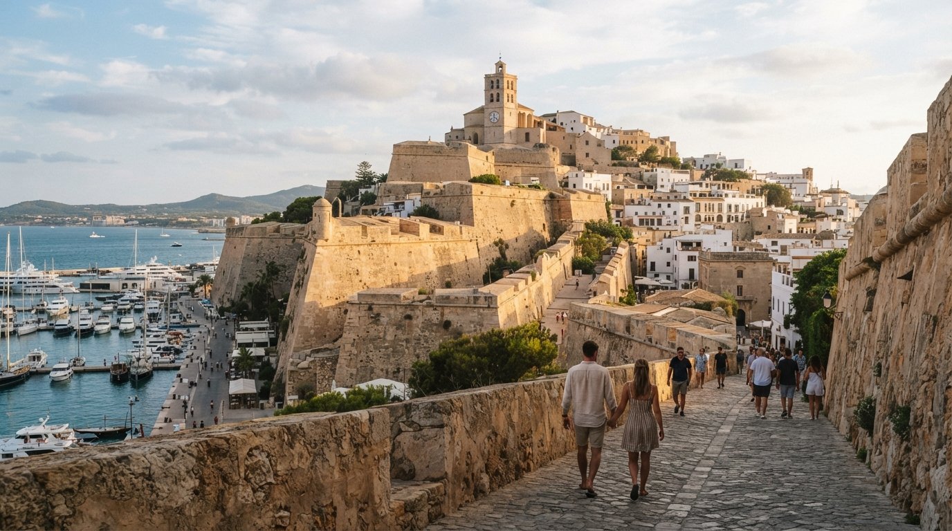 Die Dalt Vila-Festungsmauern, die am späten Nachmittag zur Catedral de Santa María hinaufsteigen, warme Steine über dem Hafen und der Marina leuchtend