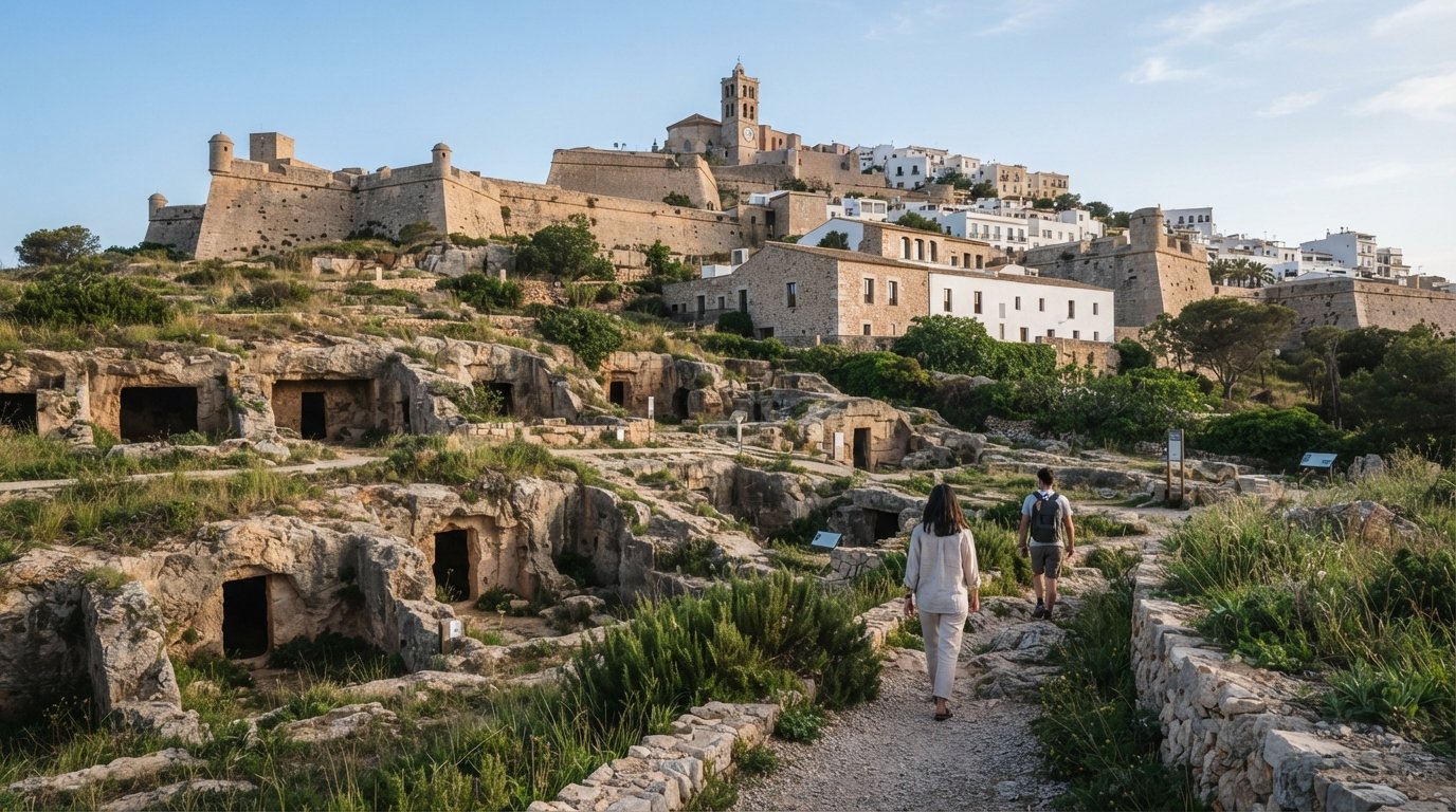 Die Nekropole und das Museum von Puig des Molins unterhalb von Dalt Vila, mit phönizisch-punischen Grabzugängen und dem Hügelmuseum im weichen Morgenlicht