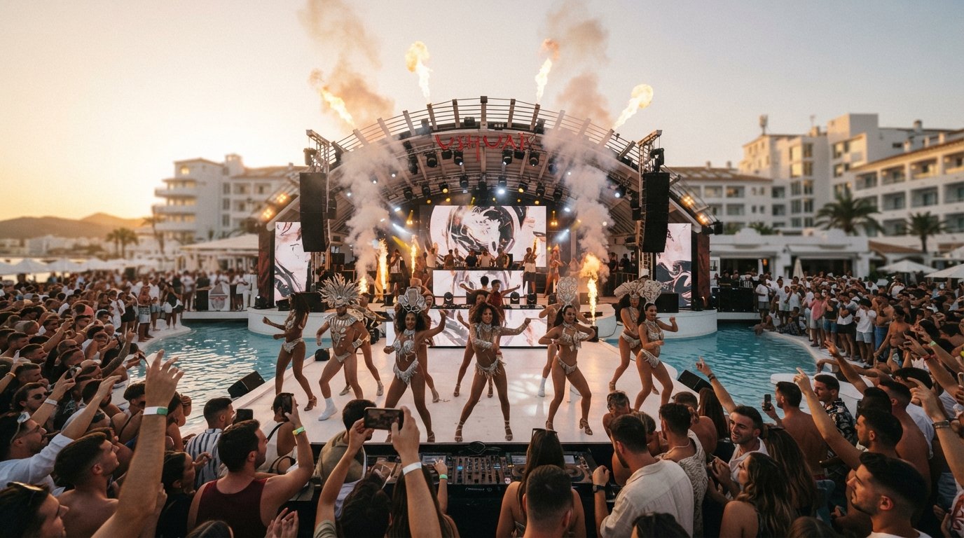 Ushuaïa Ibiza’s open-air pool-stage at golden hour, dancers and pyrotechnics framed against the hotel towers on Playa d'en Bossa