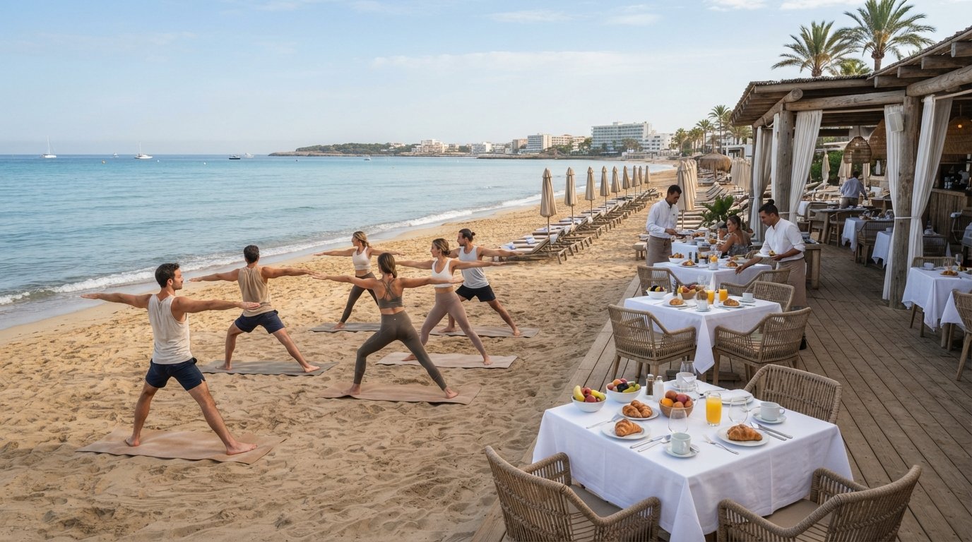 Beachouse on Playa d'en Bossa with yoga mats on the sand at 09:30, breakfast tables set behind the loungers in soft morning light