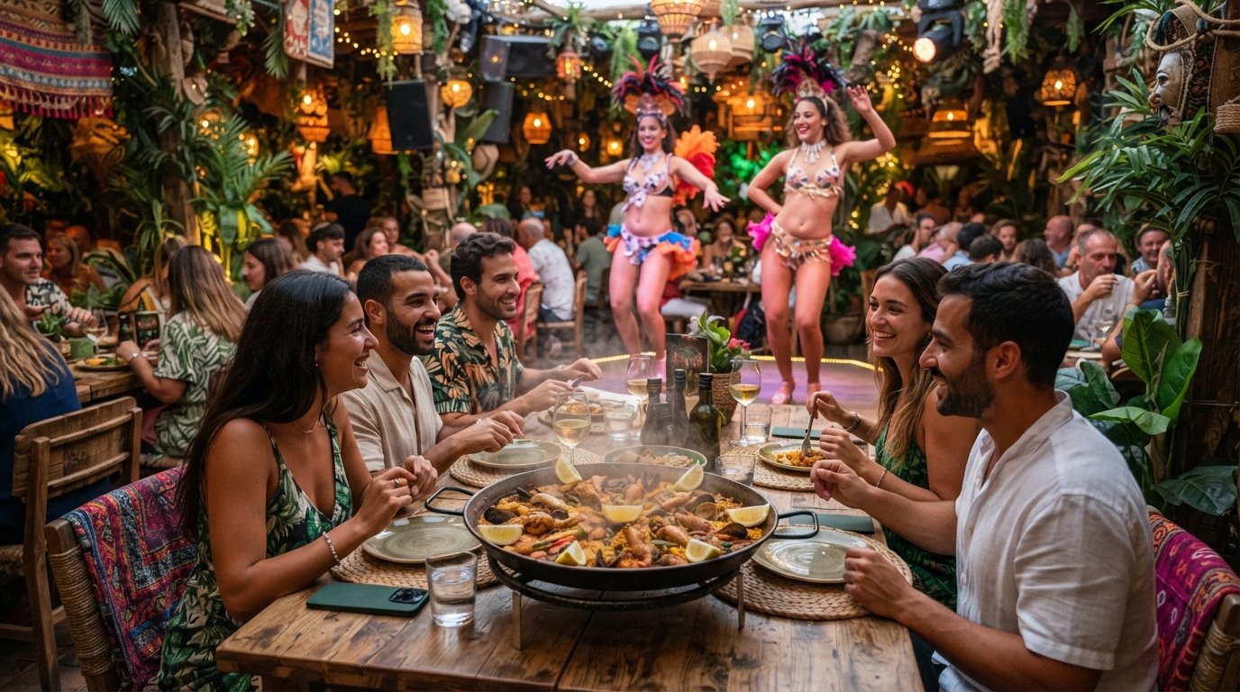 Zazú Ibiza’s jungle-themed dining room with cabaret lights, a wide pan of Valencian paella on the table and performers in the background