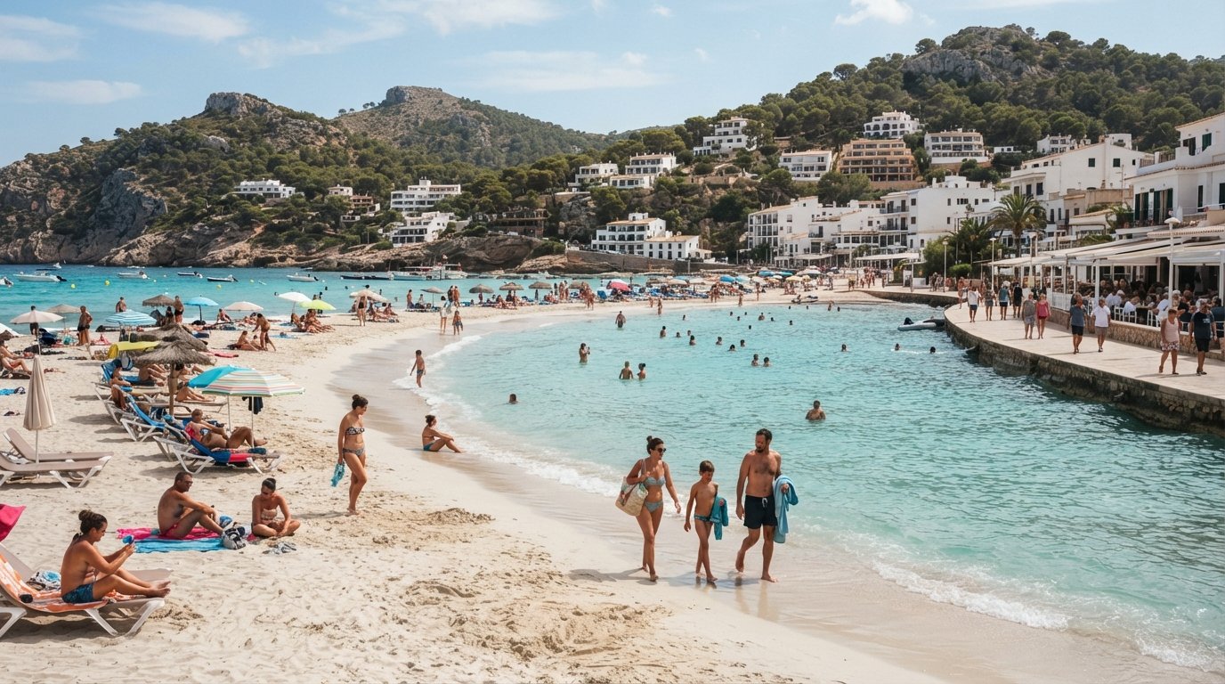 S'Arenal Gros in Portinatx on a bright summer afternoon, a broad crescent of white sand with shallow turquoise water, sunbeds and families along the promenade