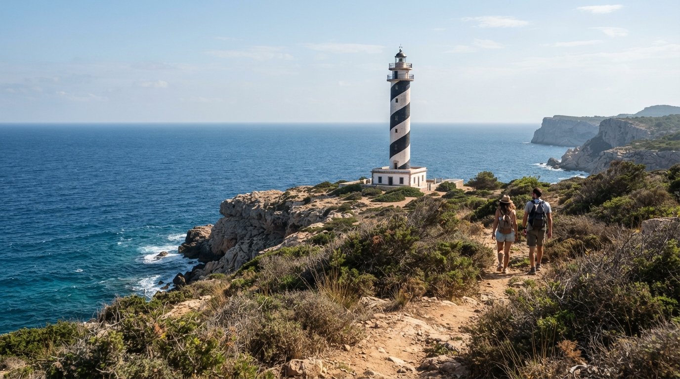 Punta des Moscarter lighthouse on the north coast of Ibiza, the tall black-spiralled tower rising above rocky coastal scrub under clear afternoon light