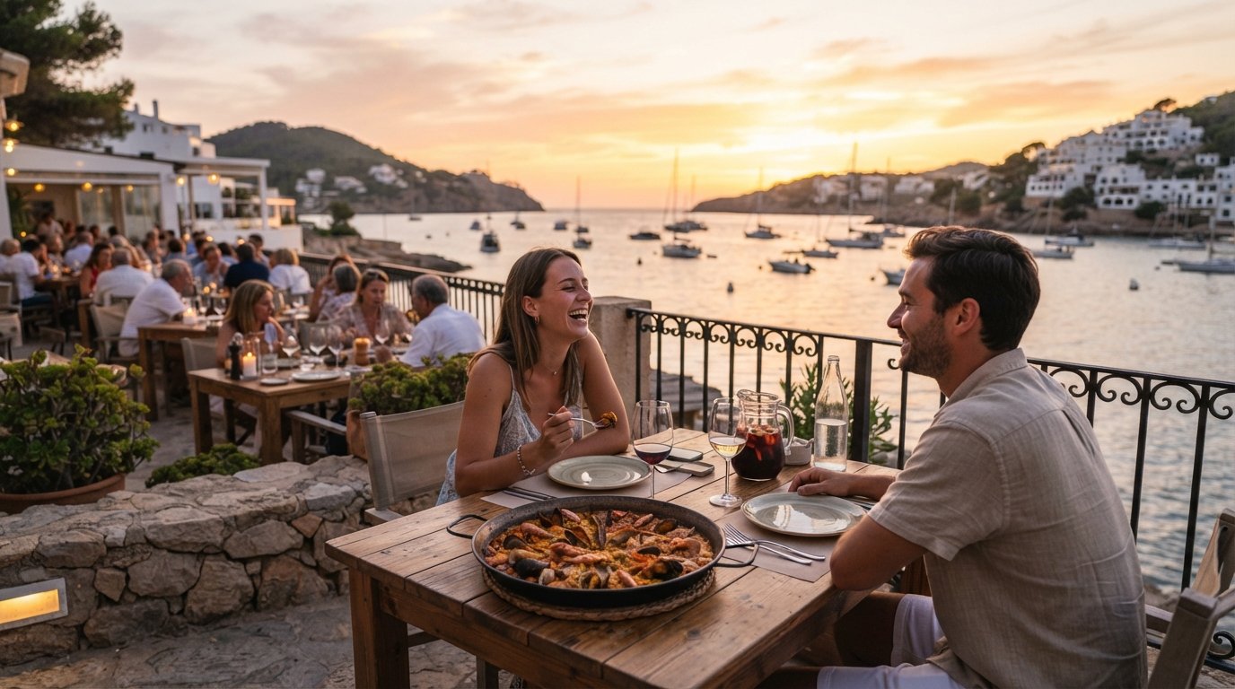Jardín del Mar’s seafront terrace at sunset in Portinatx, tables set for paella and sangria looking over the bay as the sky turns gold