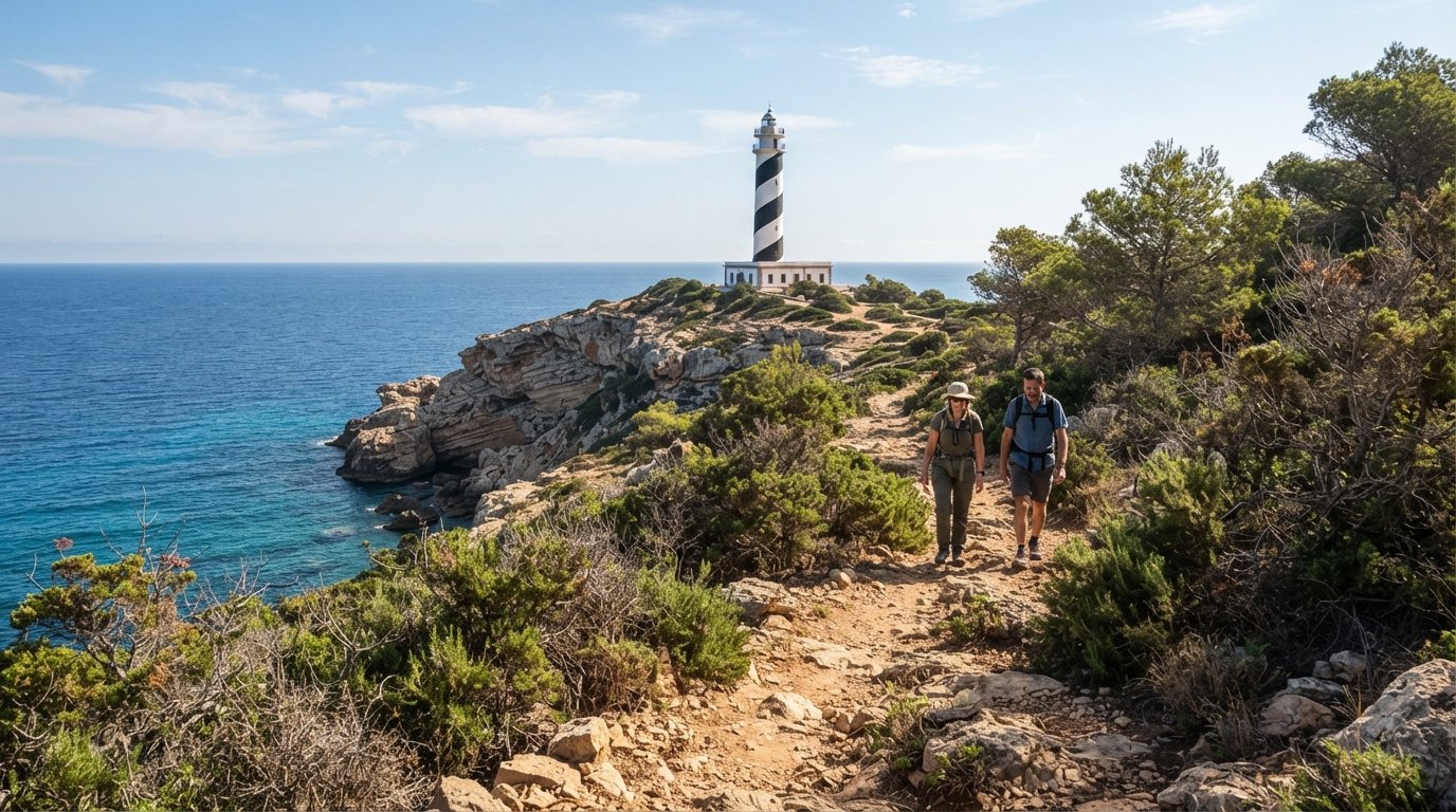 the coastal path to Punta des Moscarter lighthouse, rocky ground and pine scrub leading toward the black-spiralled tower in bright morning light
