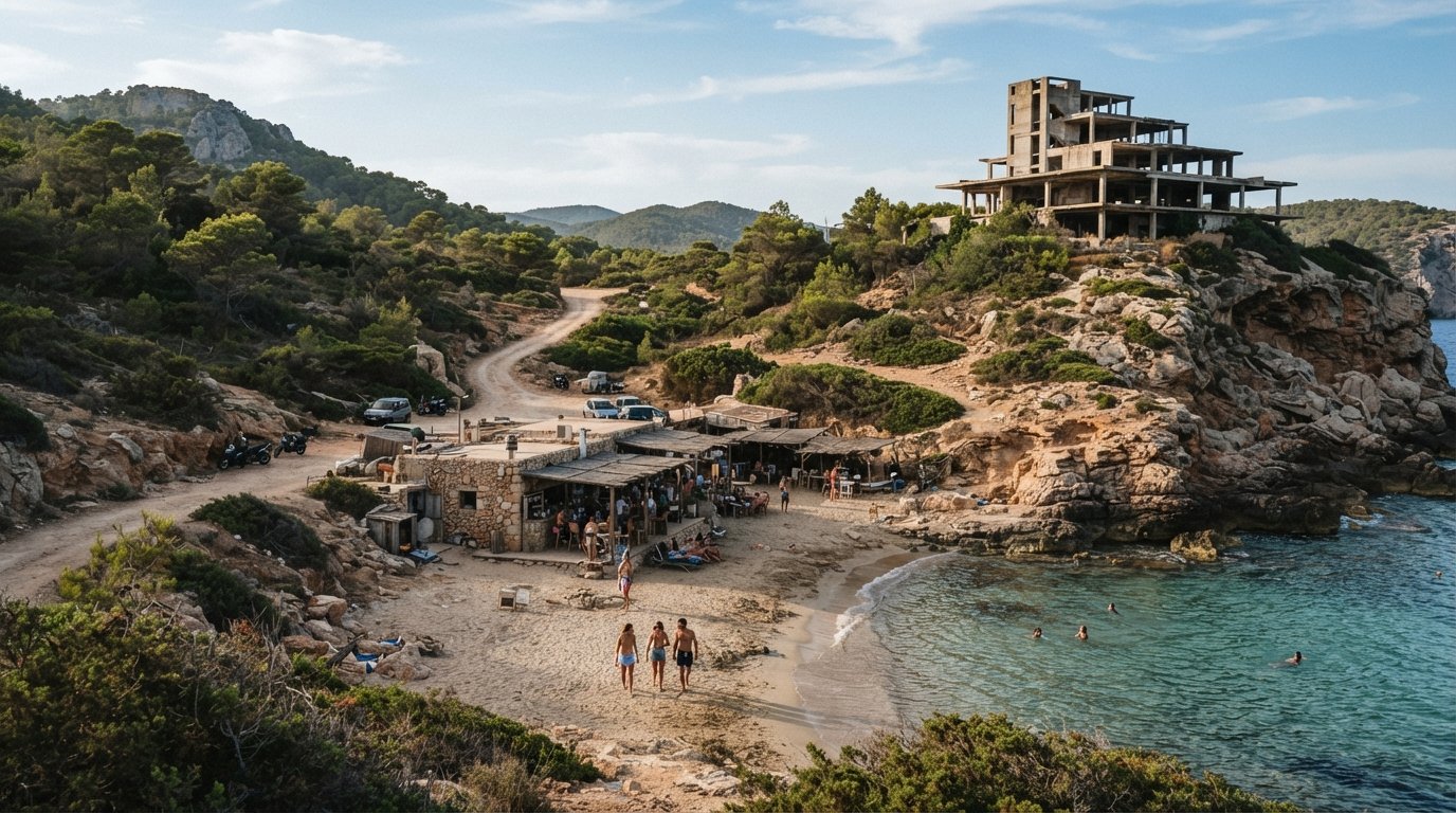 Cala d’en Serra in Ibiza, a horseshoe bay with a rough track, a small chiringuito by the sand and the abandoned Sert hotel looming on the headland above