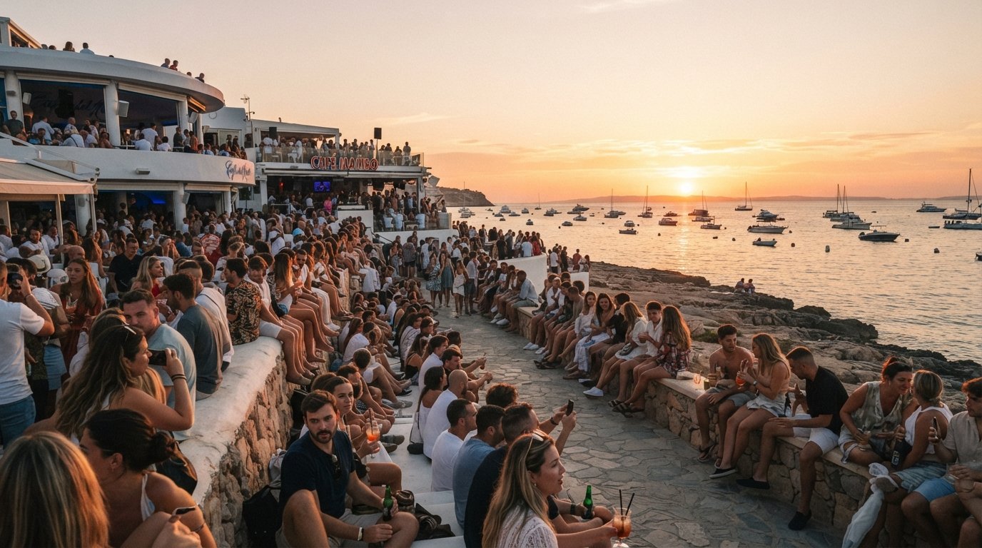 Café del Mar and Café Mambo on San Antonio’s Sunset Strip at golden hour, crowds lining the seafront wall facing the west bay