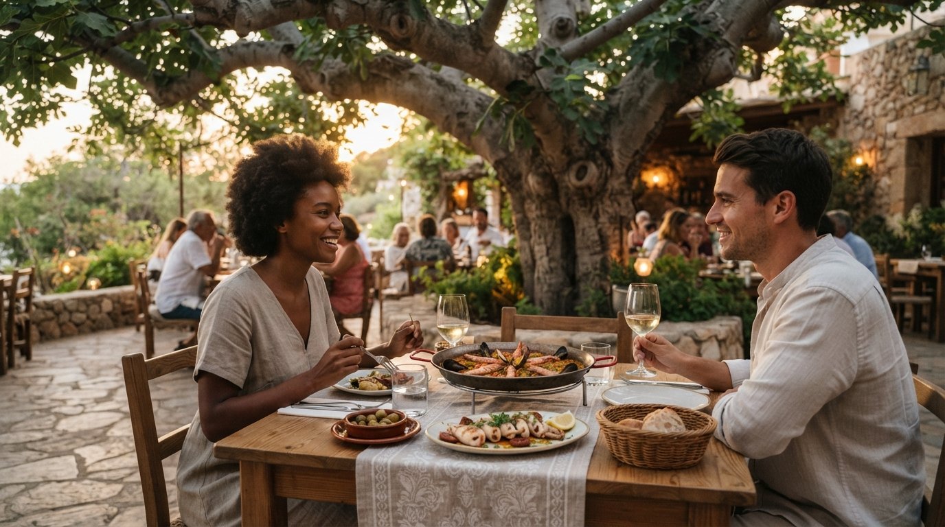 a shaded table at Es Ventall beneath the big fig tree, with a rice dish and squid with sobrassada on the table in soft evening light