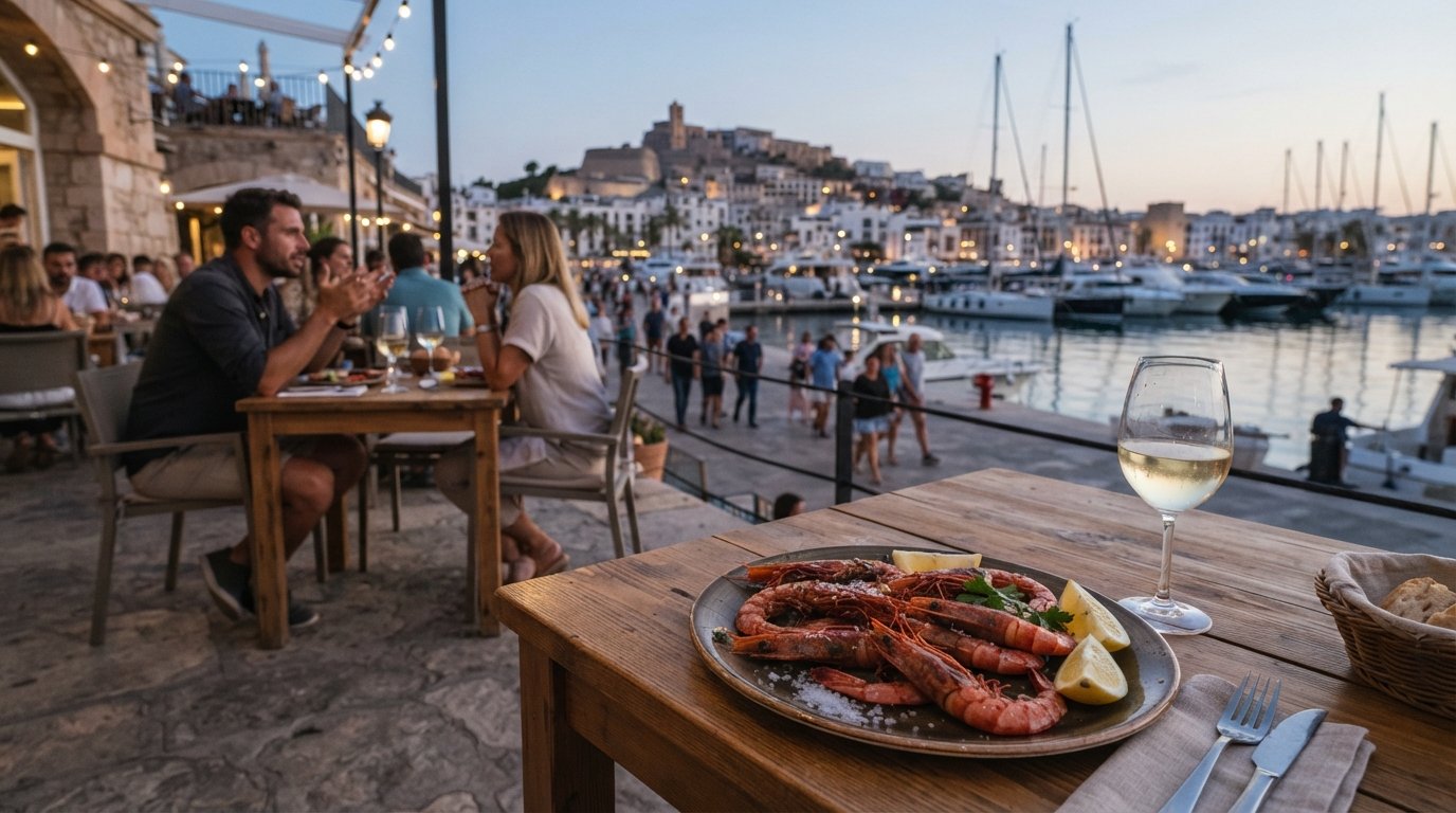 the marina-side terrace at Es Nàutic looking over the water, with a plate of Ibiza red prawns and the port at dusk