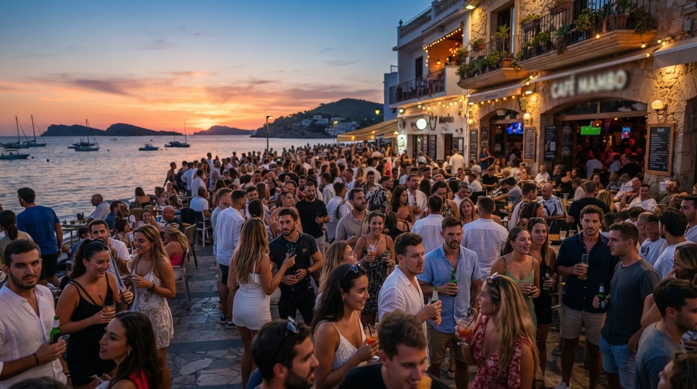 the Sunset Strip outside Café Mambo at dusk, dense with people facing the bay as the DJ session builds