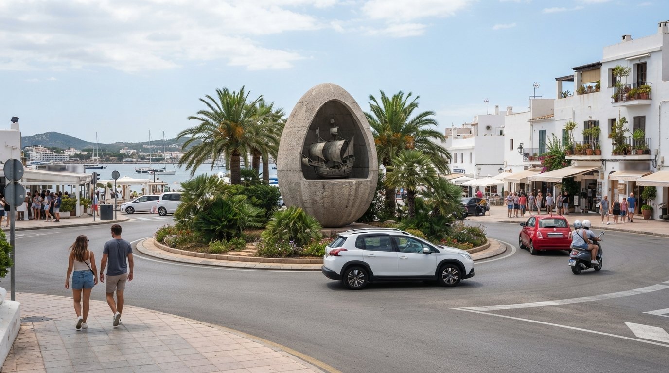 the Egg of Columbus at the town entrance in daylight, the six-metre concrete egg with the Santa María model inside and traffic circling it