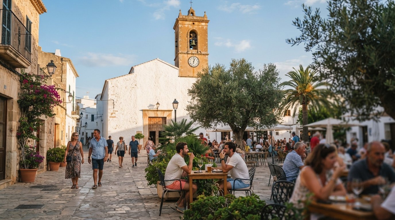 the whitewashed Church of Santa Gertrudis with its ochre bell tower rising over the pedestrianised plaza in late-afternoon light