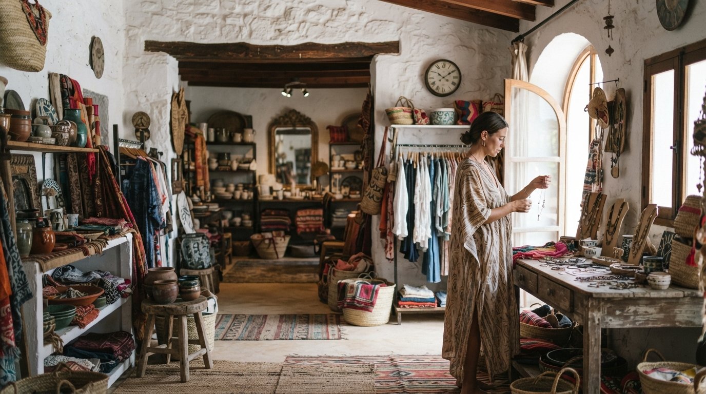 inside La Galeria Elefante in the old farmhouse on the village edge, layered rooms of global craft, fashion and homeware with natural light and textured displays